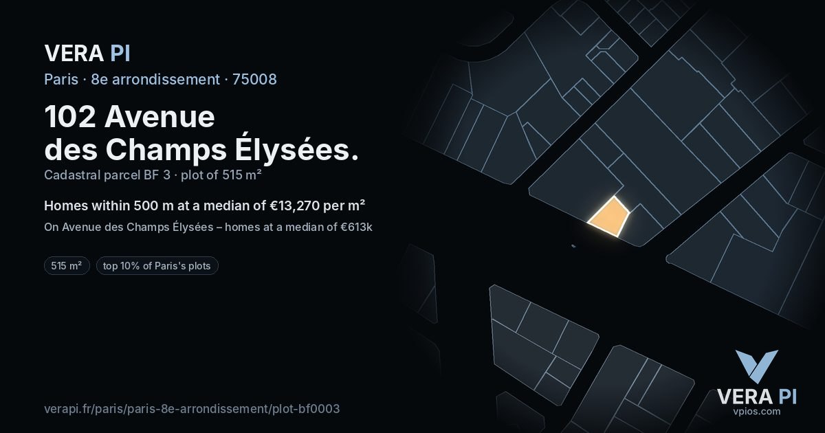 102 Avenue des Champs Élysées, 8e arrondissement at night – the plot lit, the parcels around coloured by the prices near them
