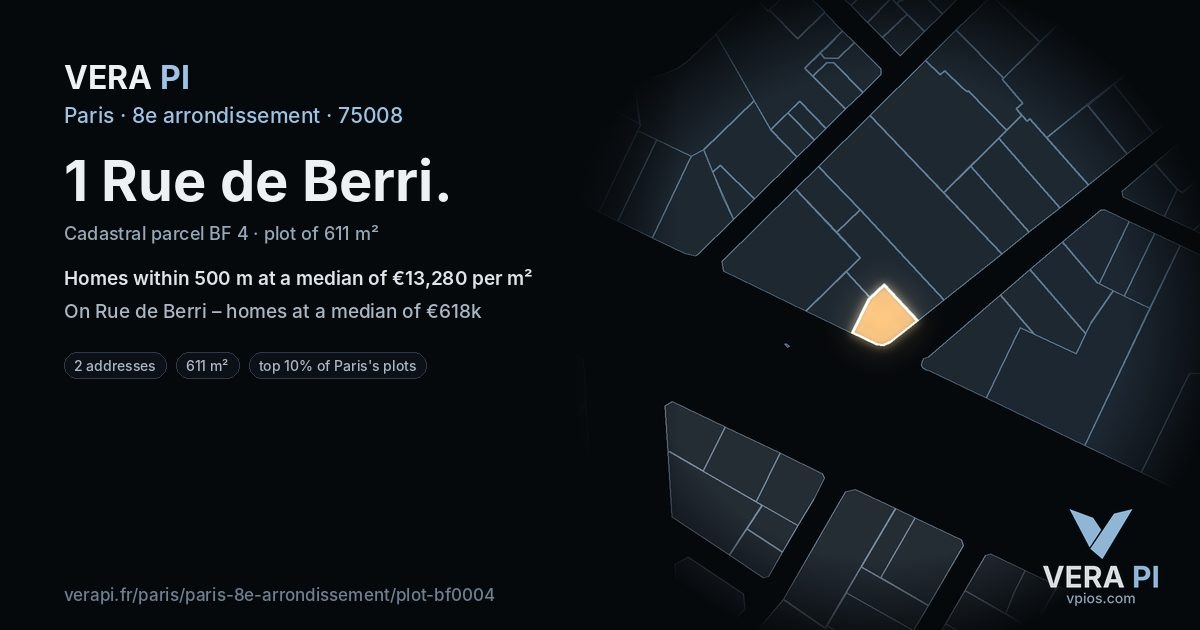 1 Rue de Berri, 8e arrondissement at night – the plot lit, the parcels around coloured by the prices near them