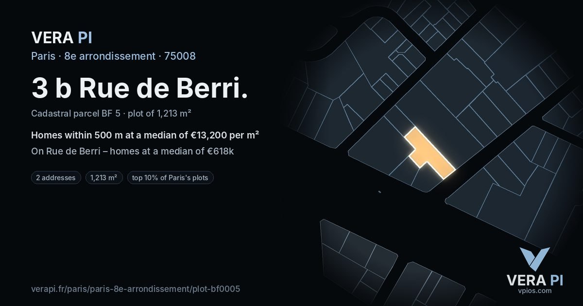 3 b Rue de Berri, 8e arrondissement at night – the plot lit, the parcels around coloured by the prices near them