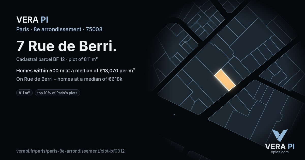 7 Rue de Berri, 8e arrondissement at night – the plot lit, the parcels around coloured by the prices near them