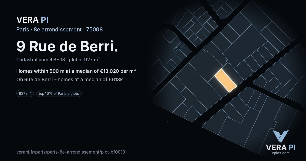 9 Rue de Berri, 8e arrondissement at night – the plot lit, the parcels around coloured by the prices near them
