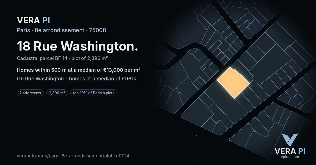 18 Rue Washington, 8e arrondissement at night – the plot lit, the parcels around coloured by the prices near them
