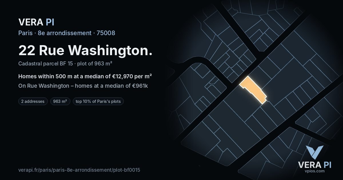 22 Rue Washington, 8e arrondissement at night – the plot lit, the parcels around coloured by the prices near them