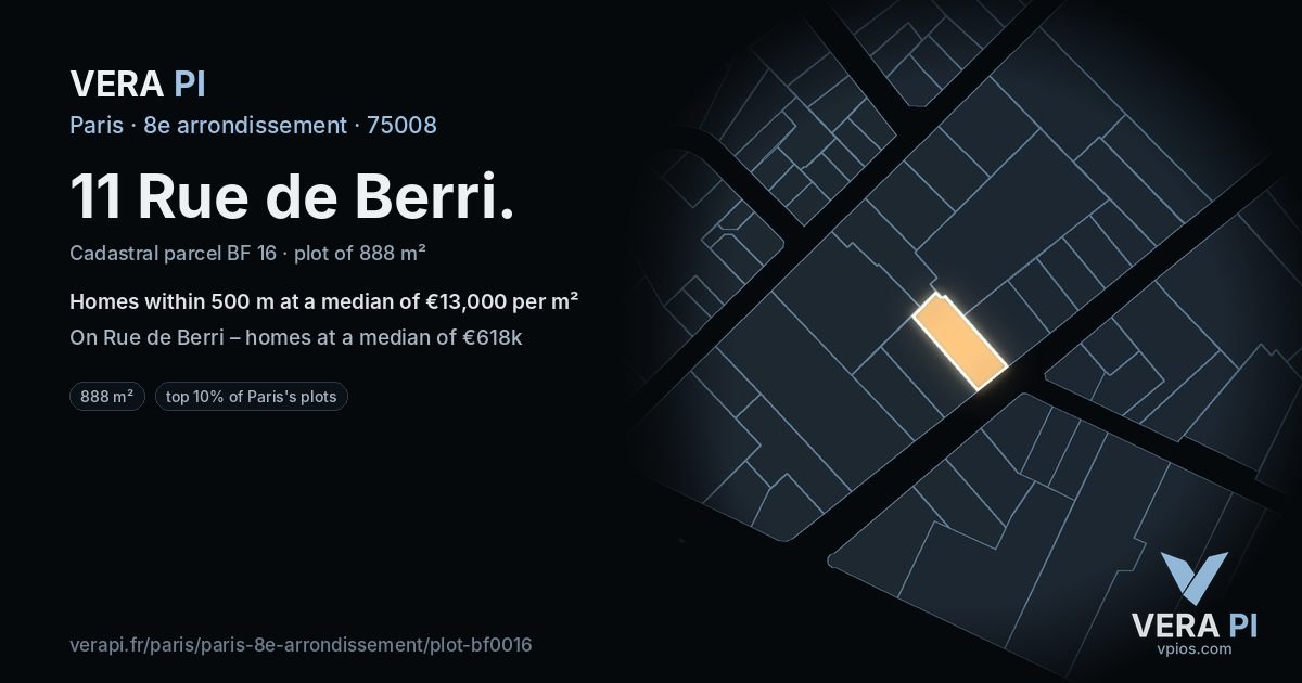 11 Rue de Berri, 8e arrondissement at night – the plot lit, the parcels around coloured by the prices near them