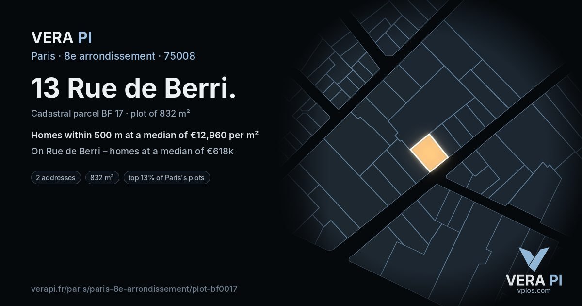 13 Rue de Berri, 8e arrondissement at night – the plot lit, the parcels around coloured by the prices near them