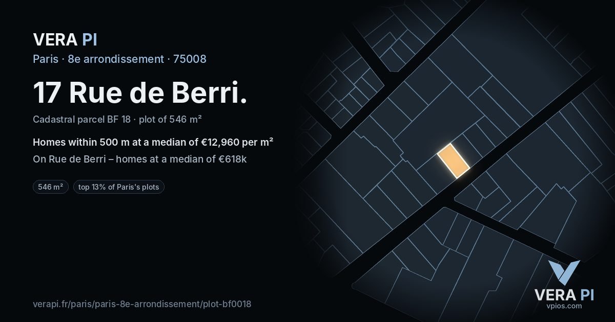 17 Rue de Berri, 8e arrondissement at night – the plot lit, the parcels around coloured by the prices near them