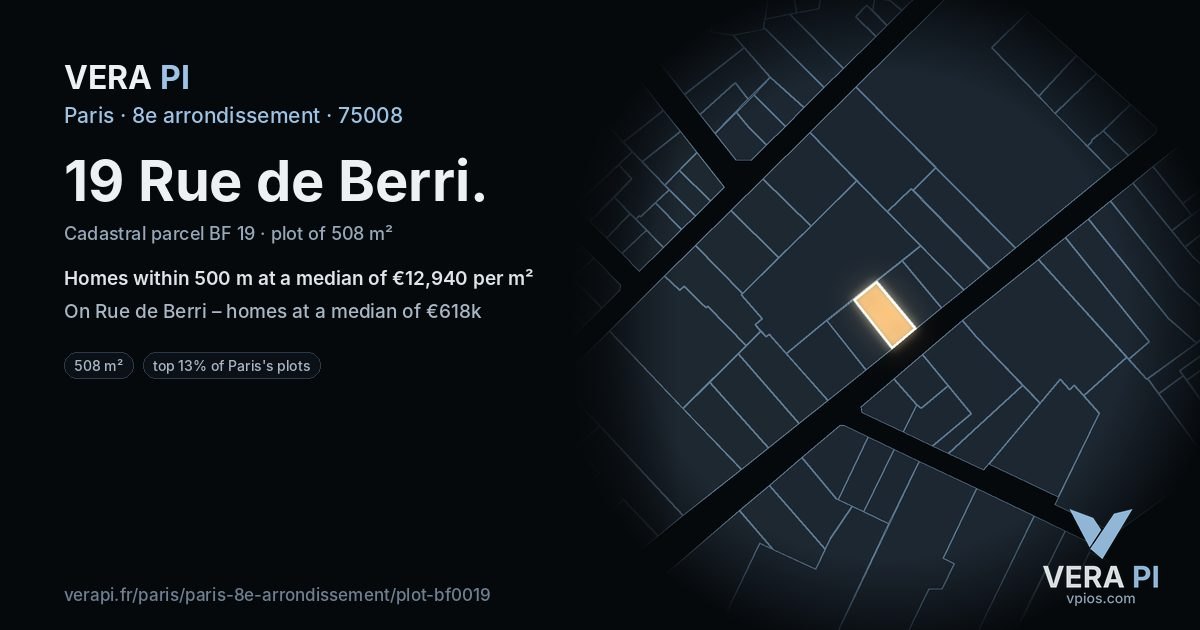 19 Rue de Berri, 8e arrondissement at night – the plot lit, the parcels around coloured by the prices near them