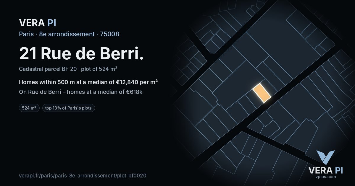 21 Rue de Berri, 8e arrondissement at night – the plot lit, the parcels around coloured by the prices near them