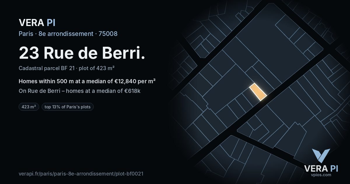 23 Rue de Berri, 8e arrondissement at night – the plot lit, the parcels around coloured by the prices near them