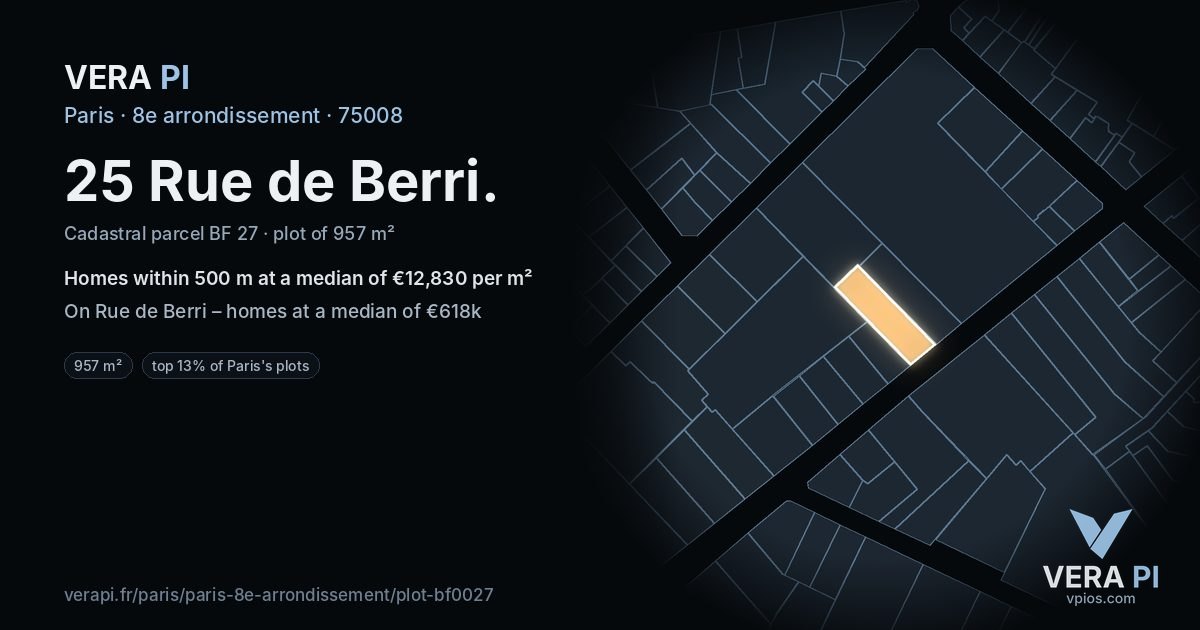 25 Rue de Berri, 8e arrondissement at night – the plot lit, the parcels around coloured by the prices near them