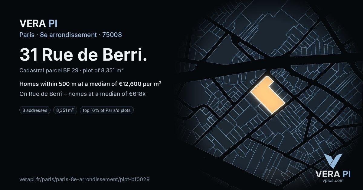 31 Rue de Berri, 8e arrondissement at night – the plot lit, the parcels around coloured by the prices near them
