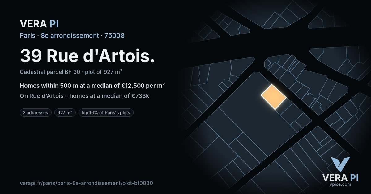 39 Rue d'Artois, 8e arrondissement at night – the plot lit, the parcels around coloured by the prices near them