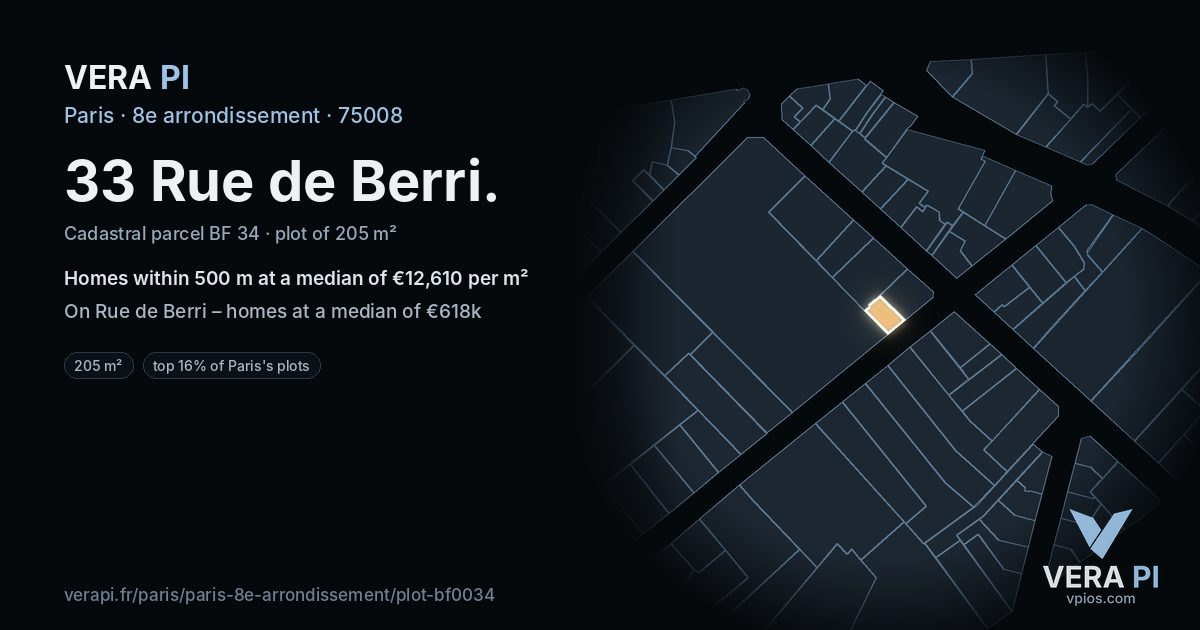 33 Rue de Berri, 8e arrondissement at night – the plot lit, the parcels around coloured by the prices near them