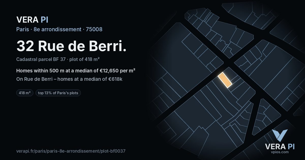 32 Rue de Berri, 8e arrondissement at night – the plot lit, the parcels around coloured by the prices near them