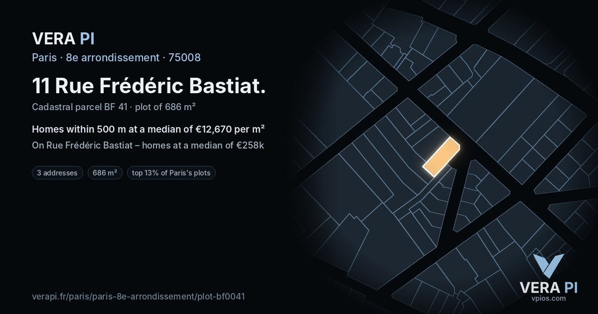 11 Rue Frédéric Bastiat, 8e arrondissement at night – the plot lit, the parcels around coloured by the prices near them