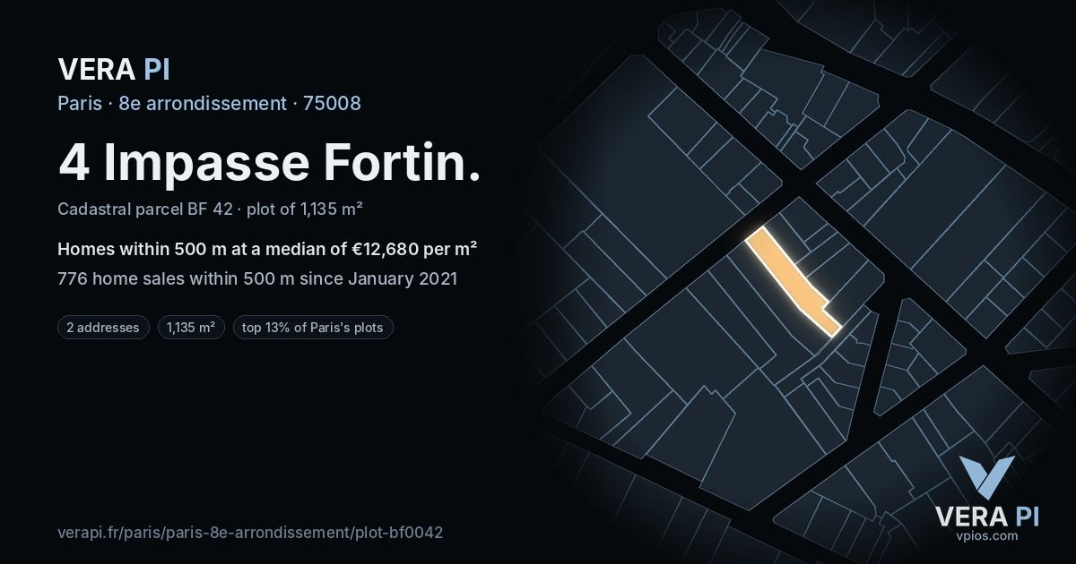 4 Impasse Fortin, 8e arrondissement at night – the plot lit, the parcels around coloured by the prices near them
