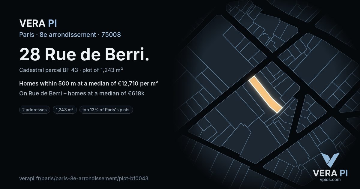 28 Rue de Berri, 8e arrondissement at night – the plot lit, the parcels around coloured by the prices near them