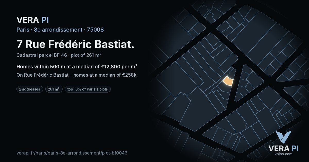 7 Rue Frédéric Bastiat, 8e arrondissement at night – the plot lit, the parcels around coloured by the prices near them