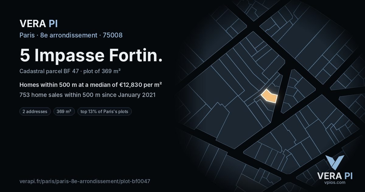 5 Impasse Fortin, 8e arrondissement at night – the plot lit, the parcels around coloured by the prices near them