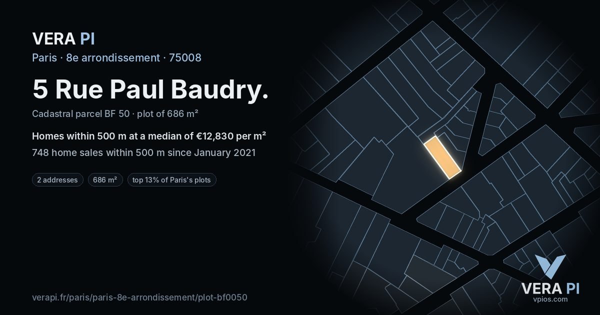 5 Rue Paul Baudry, 8e arrondissement at night – the plot lit, the parcels around coloured by the prices near them