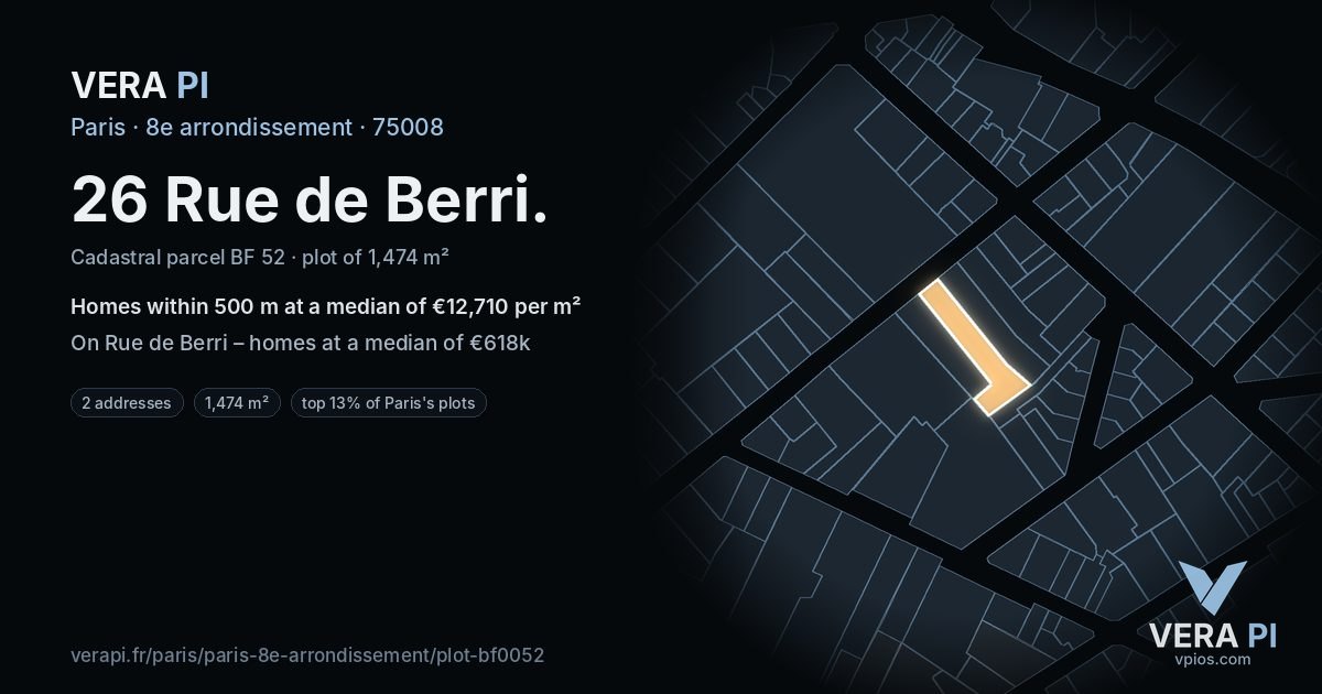 26 Rue de Berri, 8e arrondissement at night – the plot lit, the parcels around coloured by the prices near them