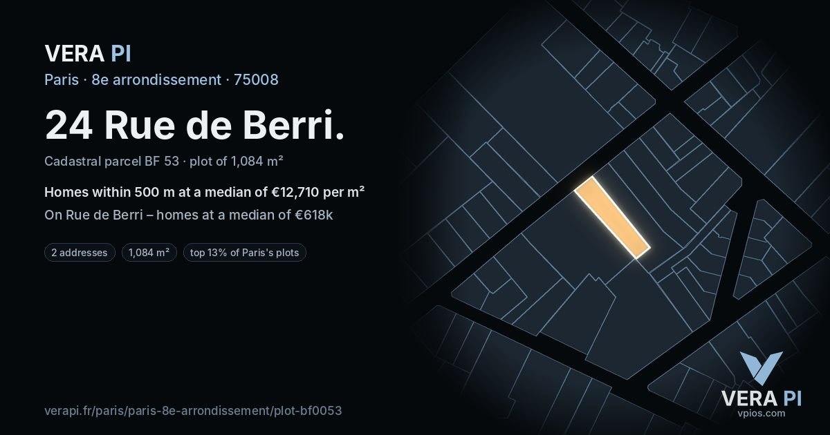 24 Rue de Berri, 8e arrondissement at night – the plot lit, the parcels around coloured by the prices near them