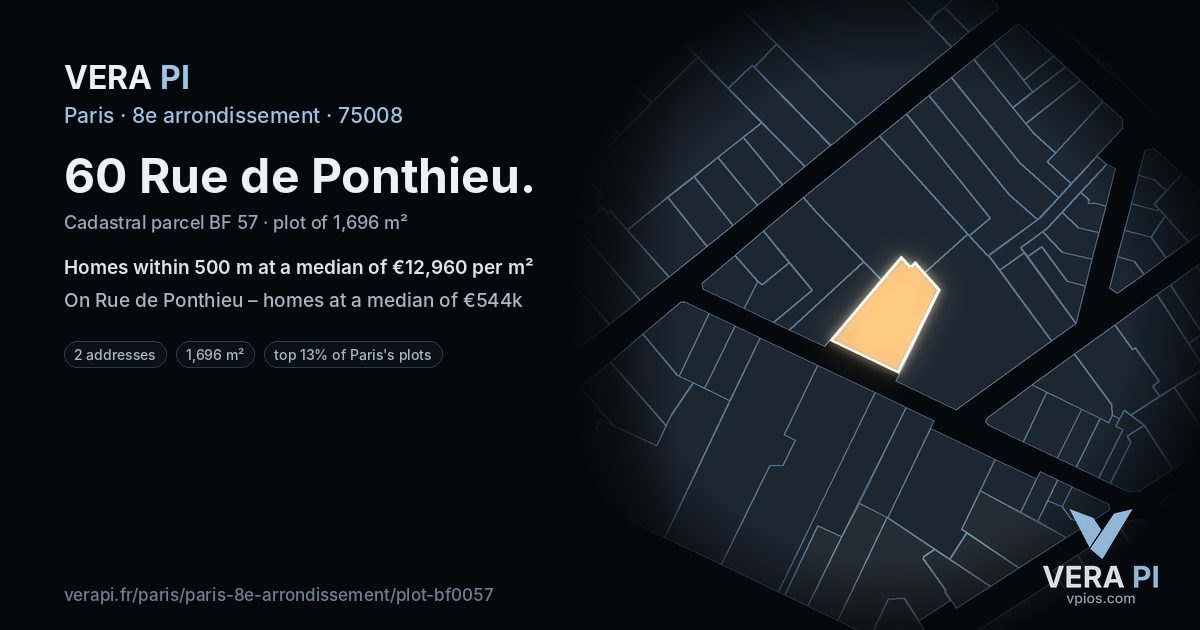 60 Rue de Ponthieu, 8e arrondissement at night – the plot lit, the parcels around coloured by the prices near them