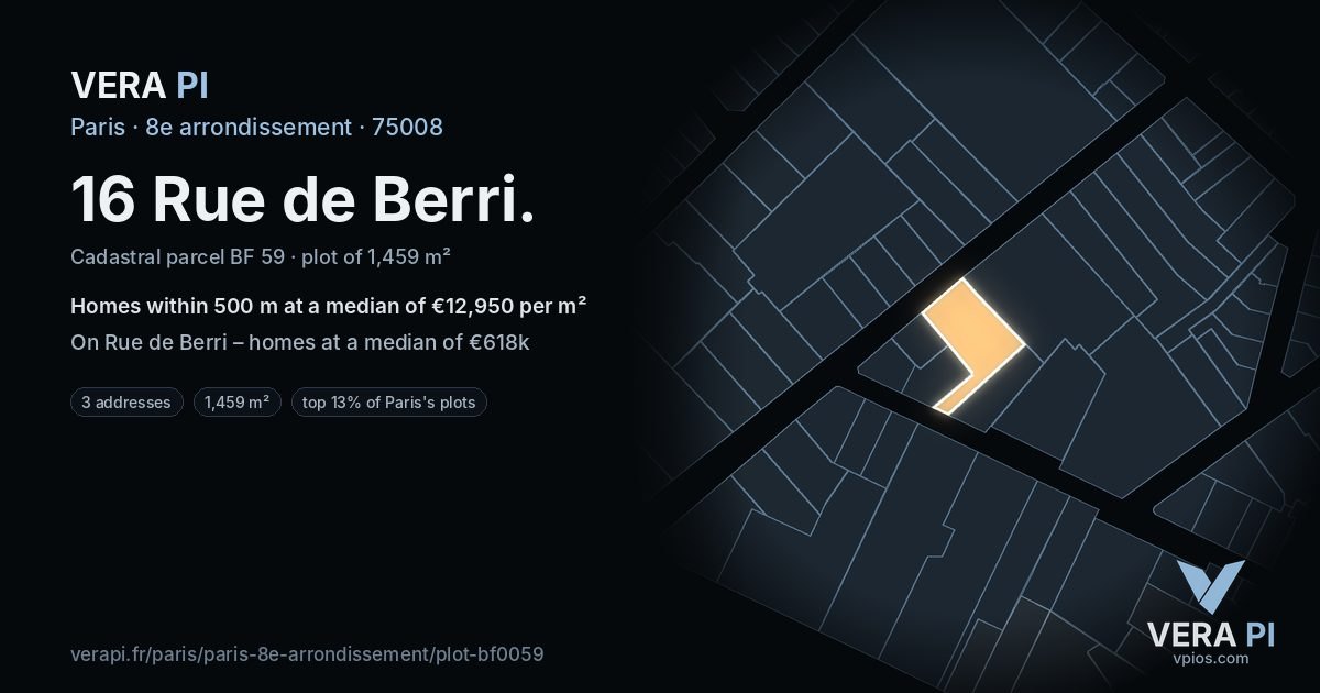 16 Rue de Berri, 8e arrondissement at night – the plot lit, the parcels around coloured by the prices near them