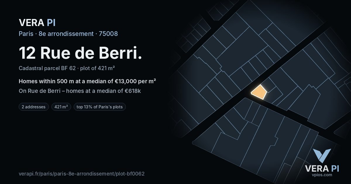 12 Rue de Berri, 8e arrondissement at night – the plot lit, the parcels around coloured by the prices near them