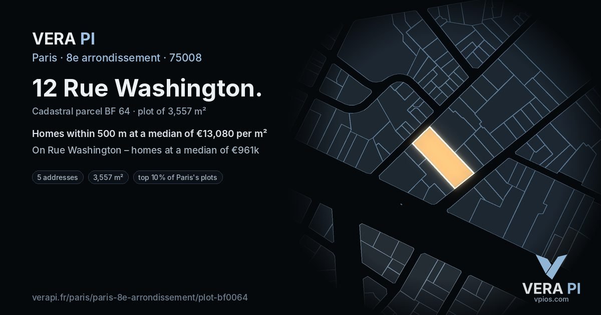 12 Rue Washington, 8e arrondissement at night – the plot lit, the parcels around coloured by the prices near them