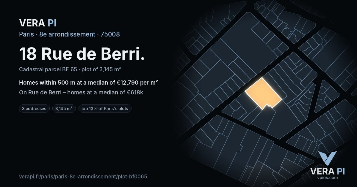 18 Rue de Berri, 8e arrondissement at night – the plot lit, the parcels around coloured by the prices near them