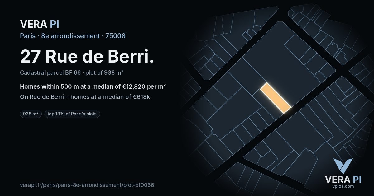 27 Rue de Berri, 8e arrondissement at night – the plot lit, the parcels around coloured by the prices near them
