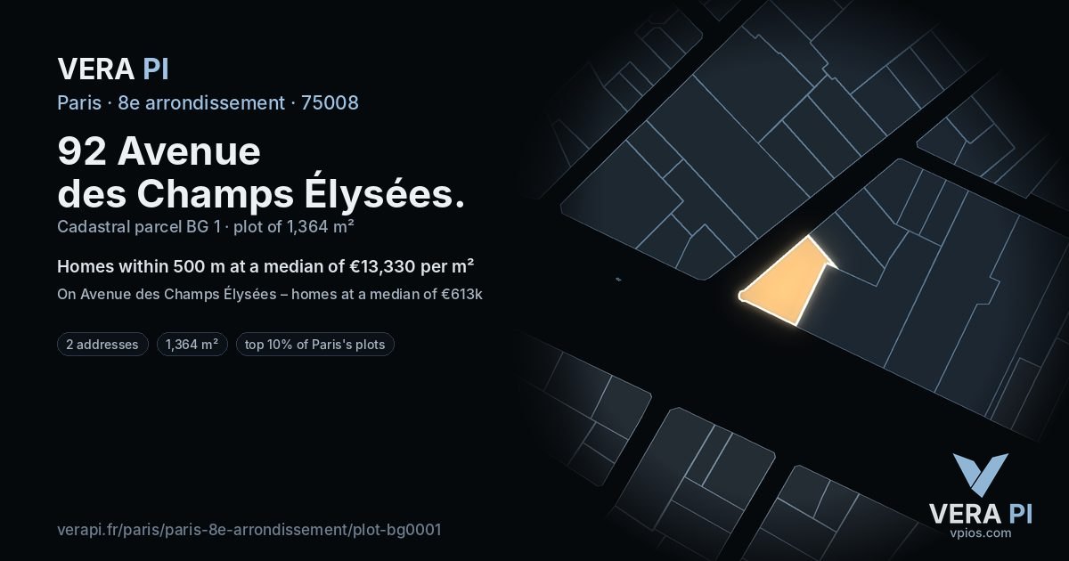 92 Avenue des Champs Élysées, 8e arrondissement at night – the plot lit, the parcels around coloured by the prices near them