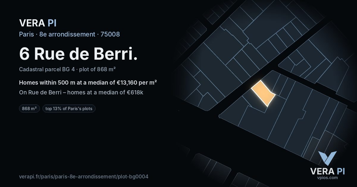 6 Rue de Berri, 8e arrondissement at night – the plot lit, the parcels around coloured by the prices near them