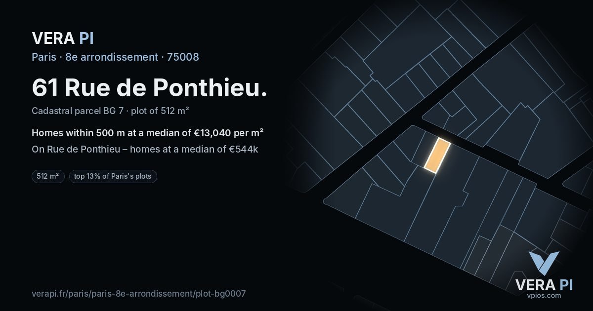 61 Rue de Ponthieu, 8e arrondissement at night – the plot lit, the parcels around coloured by the prices near them