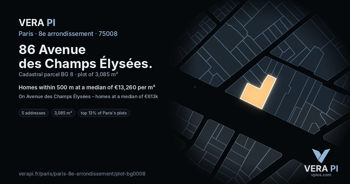 86 Avenue des Champs Élysées, 8e arrondissement at night – the plot lit, the parcels around coloured by the prices near them