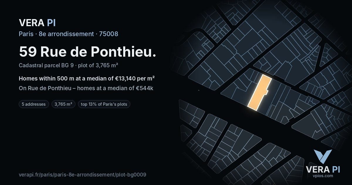 59 Rue de Ponthieu, 8e arrondissement at night – the plot lit, the parcels around coloured by the prices near them
