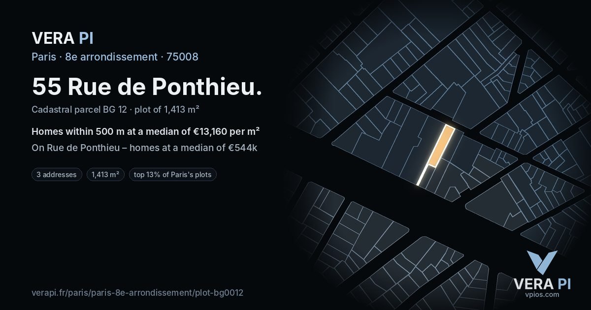 55 Rue de Ponthieu, 8e arrondissement at night – the plot lit, the parcels around coloured by the prices near them