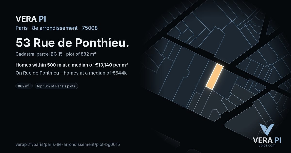 53 Rue de Ponthieu, 8e arrondissement at night – the plot lit, the parcels around coloured by the prices near them
