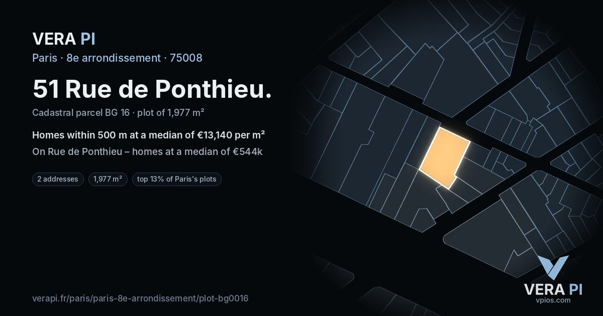 51 Rue de Ponthieu, 8e arrondissement at night – the plot lit, the parcels around coloured by the prices near them