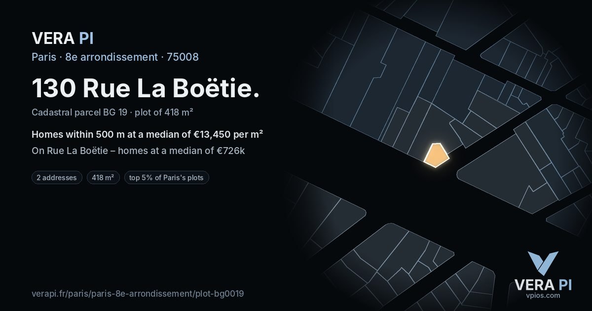 130 Rue La Boëtie, 8e arrondissement at night – the plot lit, the parcels around coloured by the prices near them