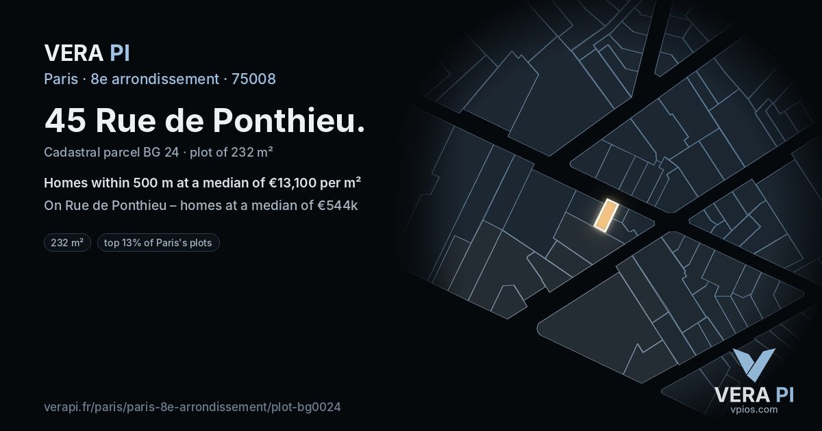 45 Rue de Ponthieu, 8e arrondissement at night – the plot lit, the parcels around coloured by the prices near them