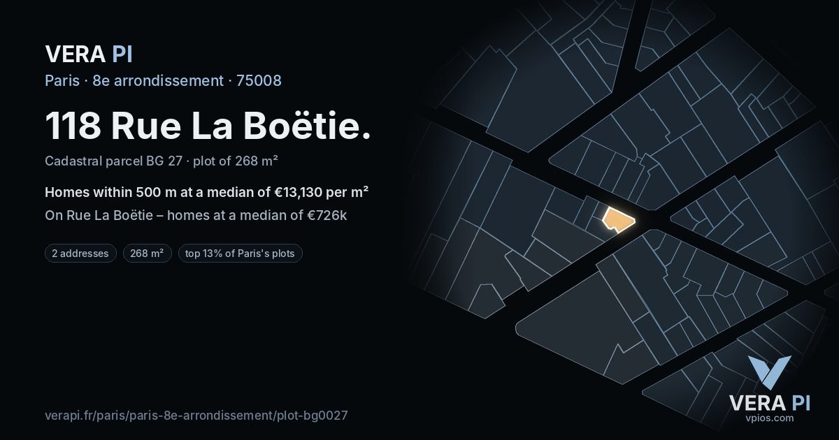 118 Rue La Boëtie, 8e arrondissement at night – the plot lit, the parcels around coloured by the prices near them