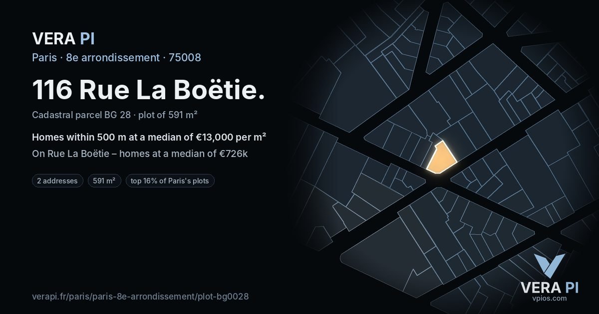 116 Rue La Boëtie, 8e arrondissement at night – the plot lit, the parcels around coloured by the prices near them