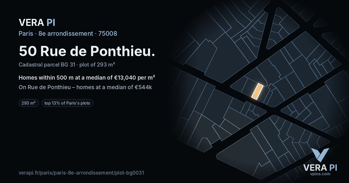 50 Rue de Ponthieu, 8e arrondissement at night – the plot lit, the parcels around coloured by the prices near them