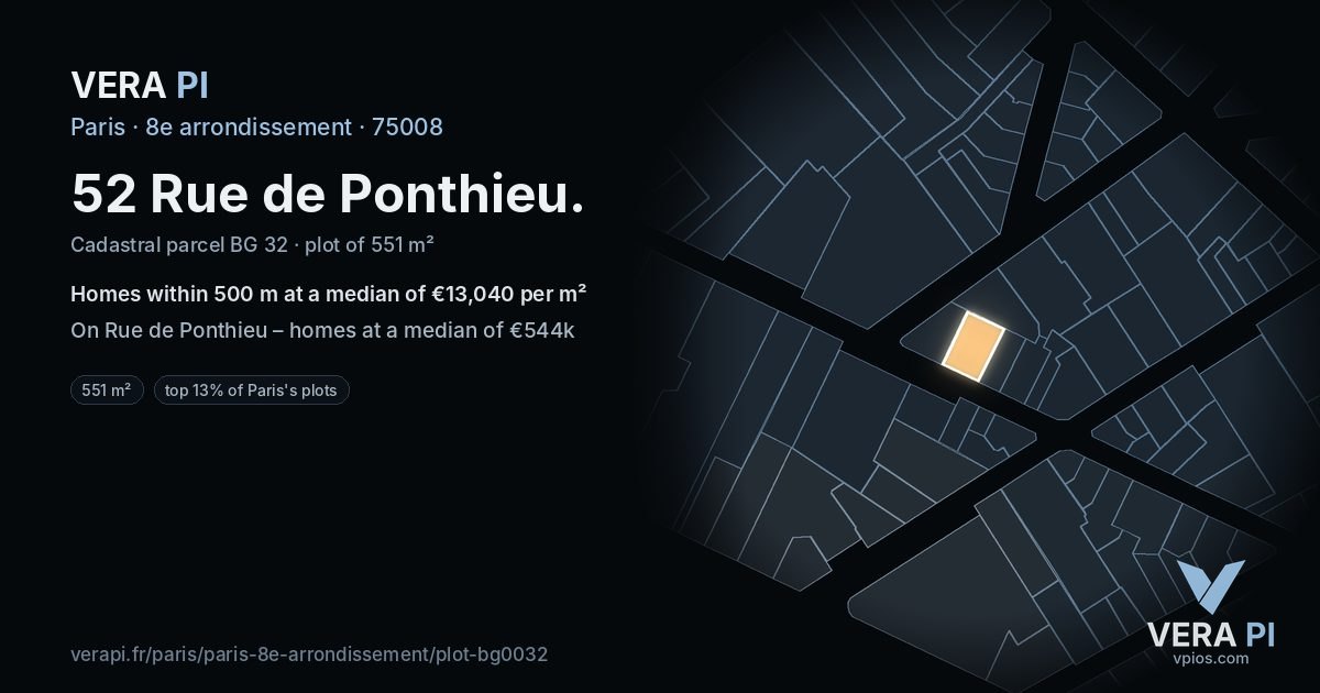52 Rue de Ponthieu, 8e arrondissement at night – the plot lit, the parcels around coloured by the prices near them