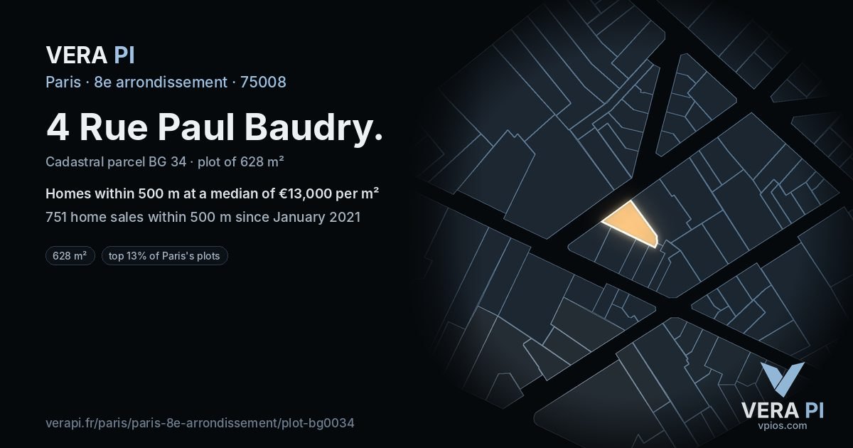4 Rue Paul Baudry, 8e arrondissement at night – the plot lit, the parcels around coloured by the prices near them