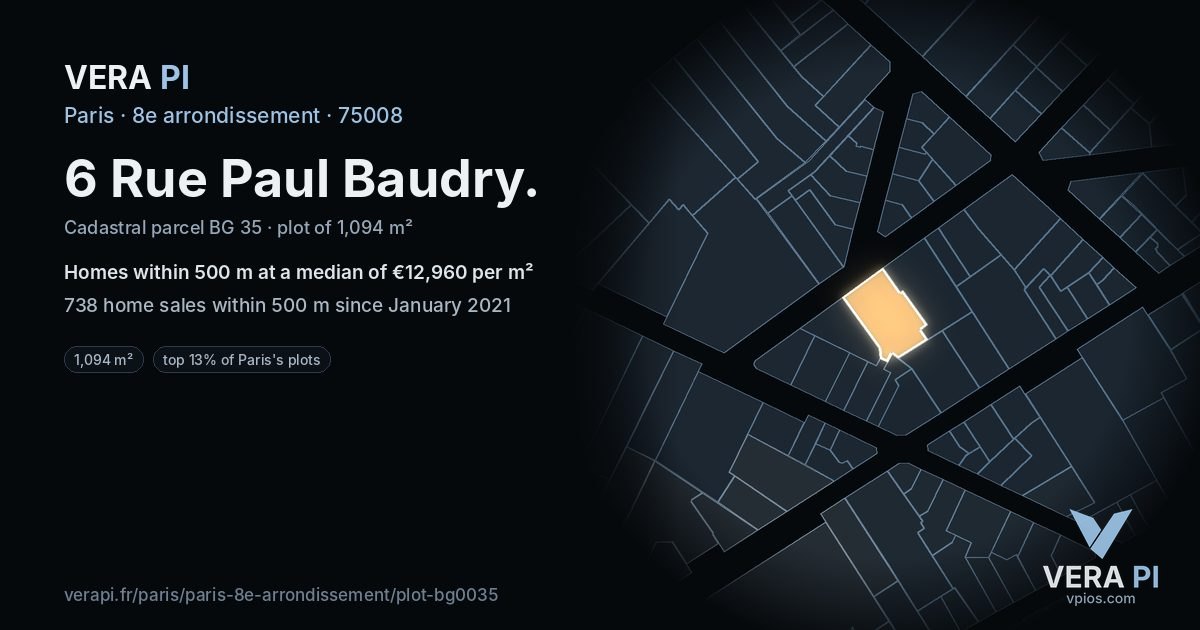 6 Rue Paul Baudry, 8e arrondissement at night – the plot lit, the parcels around coloured by the prices near them