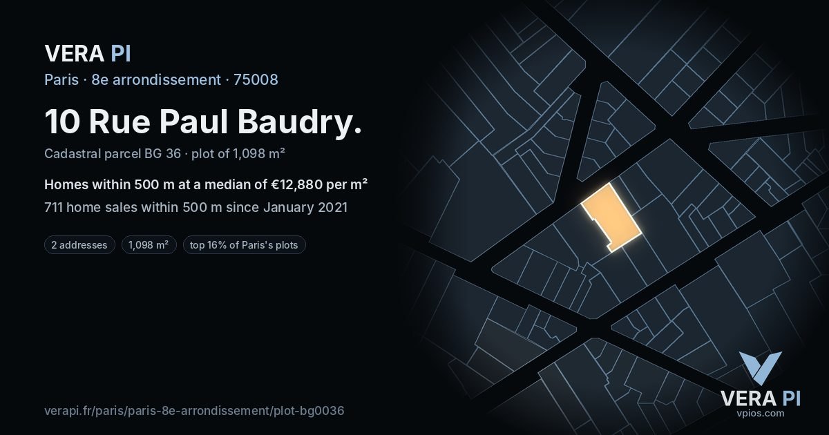 10 Rue Paul Baudry, 8e arrondissement at night – the plot lit, the parcels around coloured by the prices near them