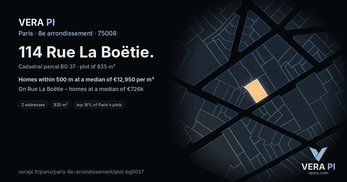 114 Rue La Boëtie, 8e arrondissement at night – the plot lit, the parcels around coloured by the prices near them